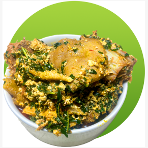Thick Nigerian Egusi soup made with melon seeds, vegetables and seasoned meat.