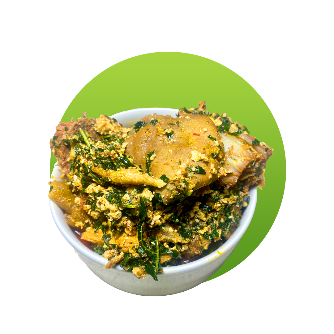 Thick Nigerian Egusi soup made with melon seeds, vegetables and seasoned meat.