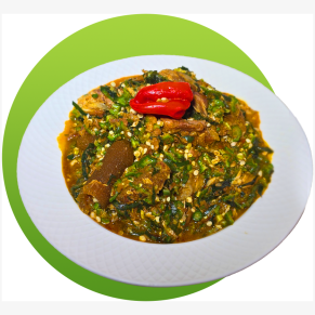 Nigerian okro soup with okra, palm oil and assorted protein freshly made and packed in a hearty bowl.